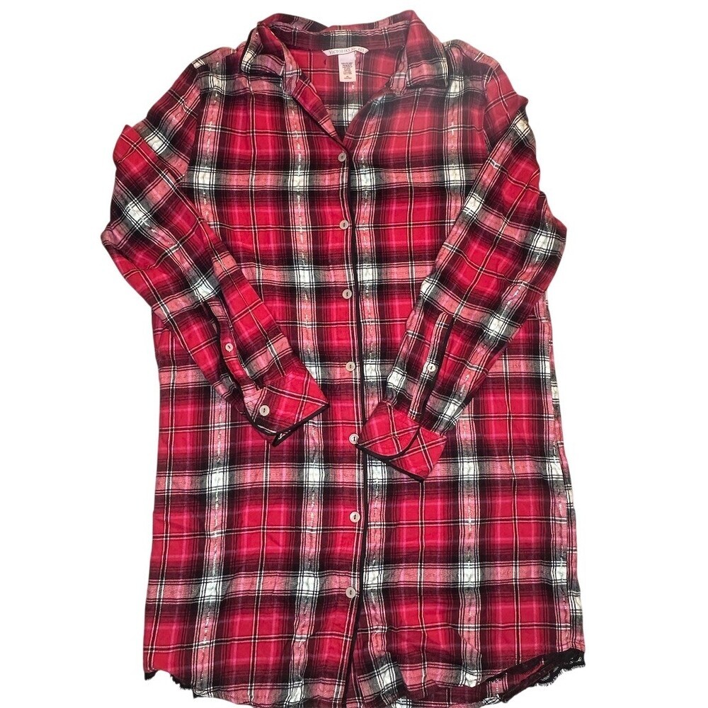 #65 Victoria's Secret Sleepshirt Women’s M Red Plaid Flannel Button Front